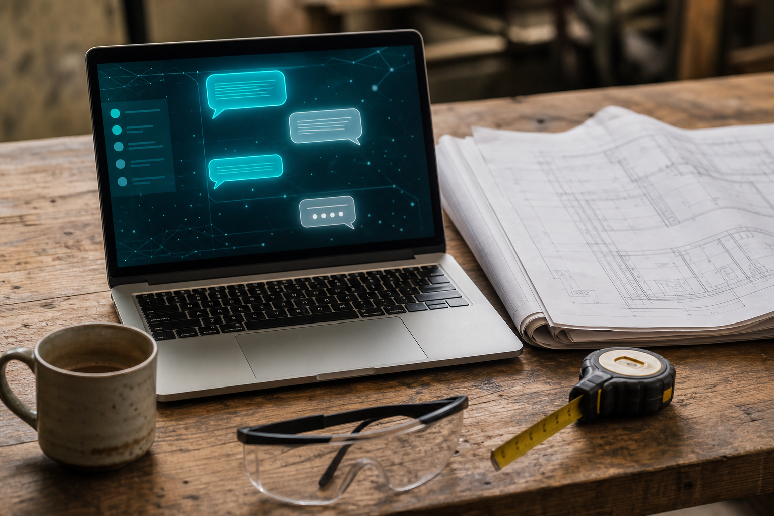 () editorial photograph showing a close-up flat lay on a rustic wooden workbench: an open laptop displaying an abstract AI