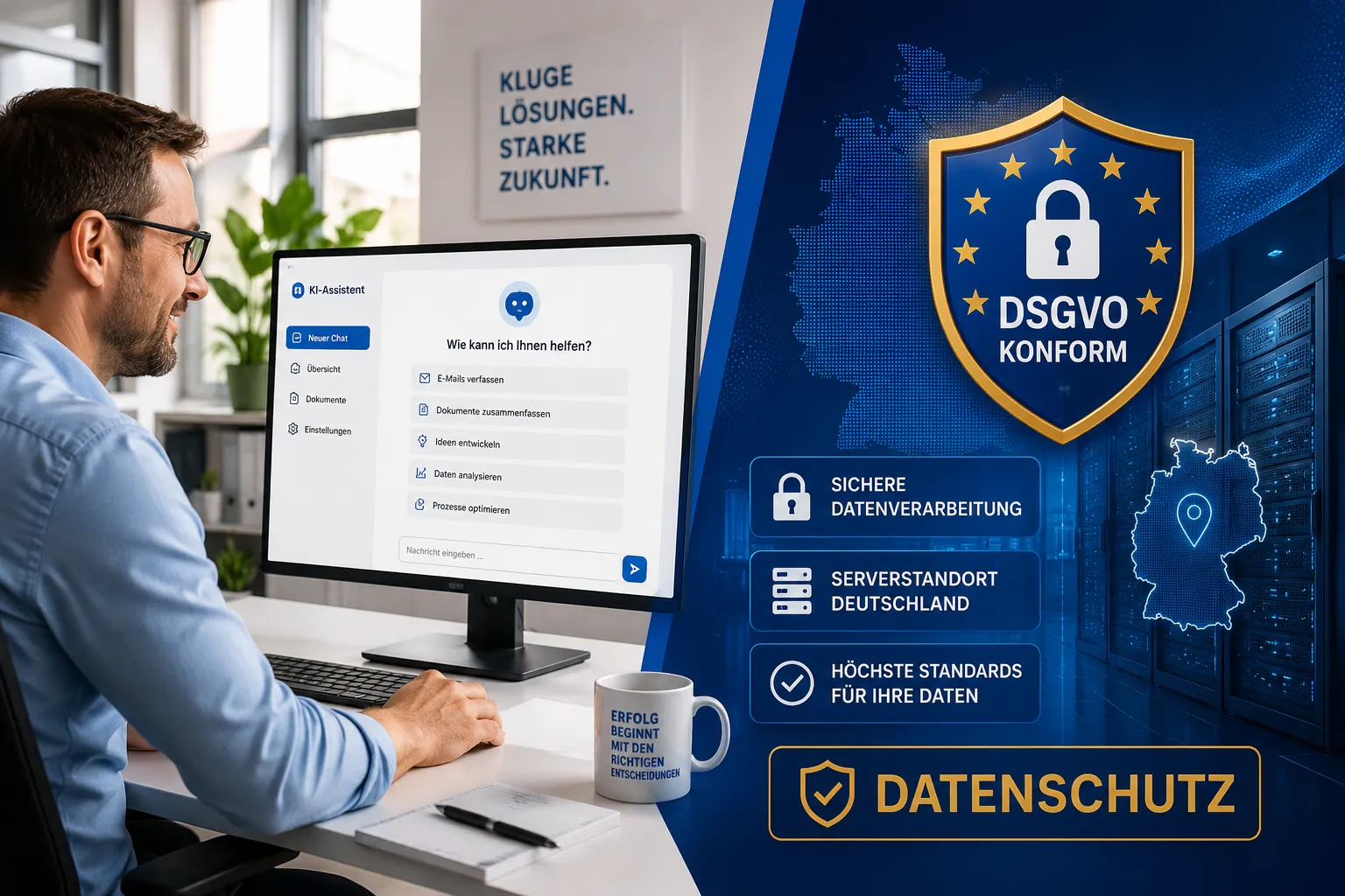Editorial () split-screen illustration: left side shows a bright modern German SME office with a business owner reviewing a