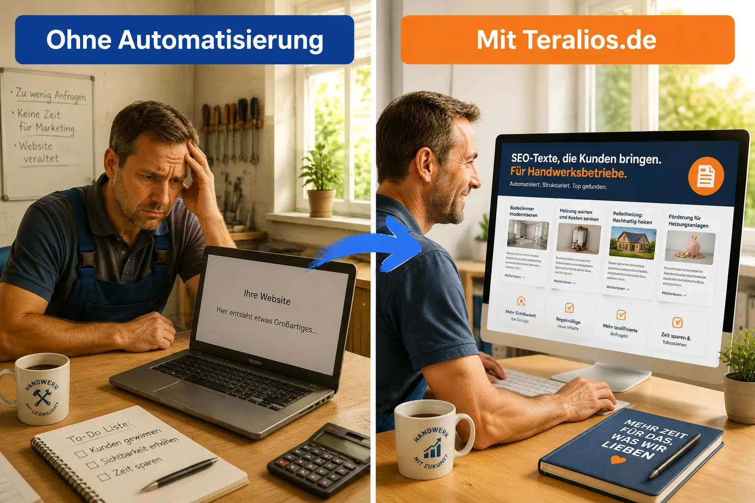 Editorial () split-screen illustration: left side shows a small German Handwerksbetrieb owner at a simple desk looking