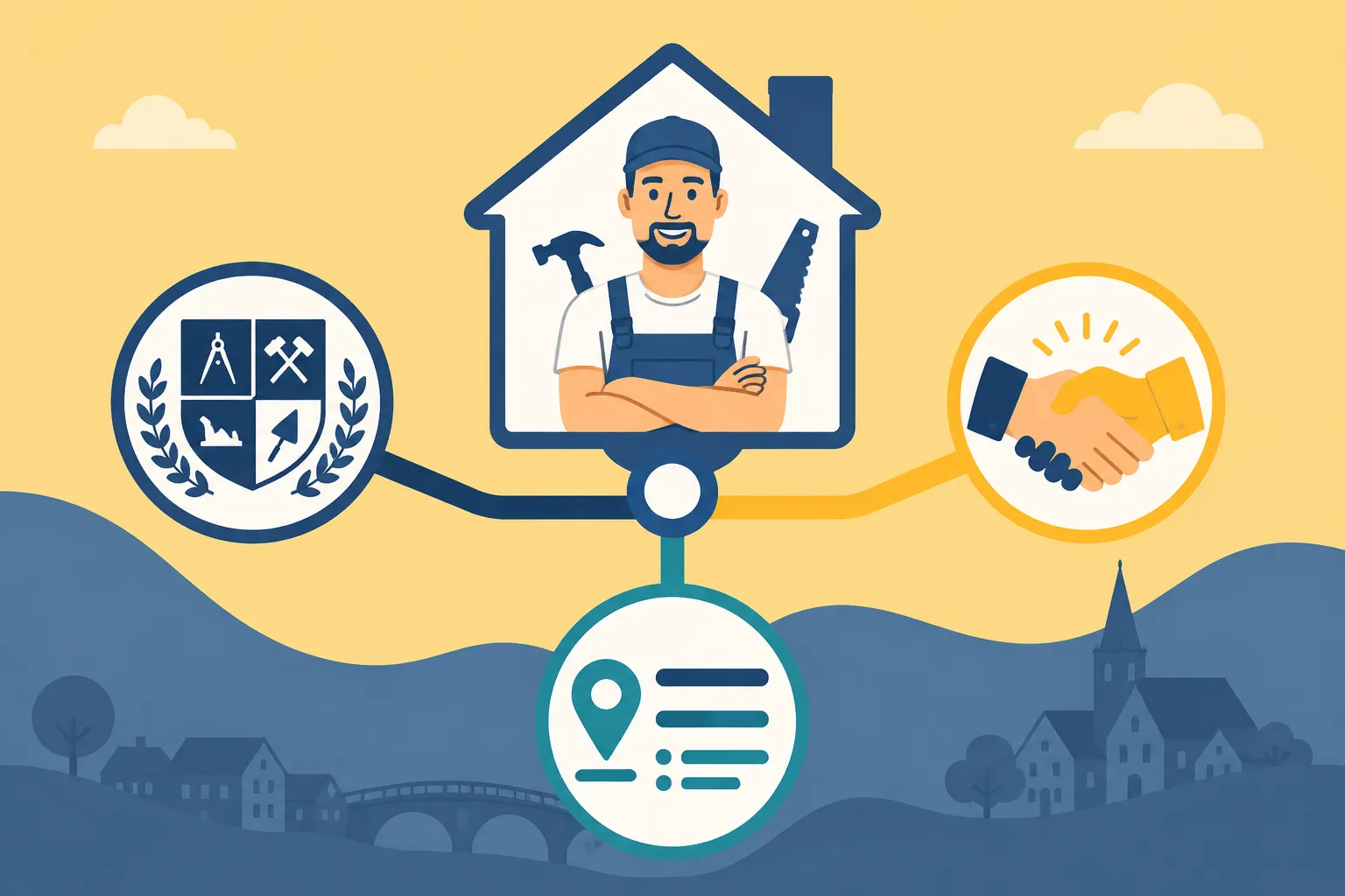 Flat-vector infographic illustration landscape (): a stylized network diagram showing a central house-shaped craftsman icon