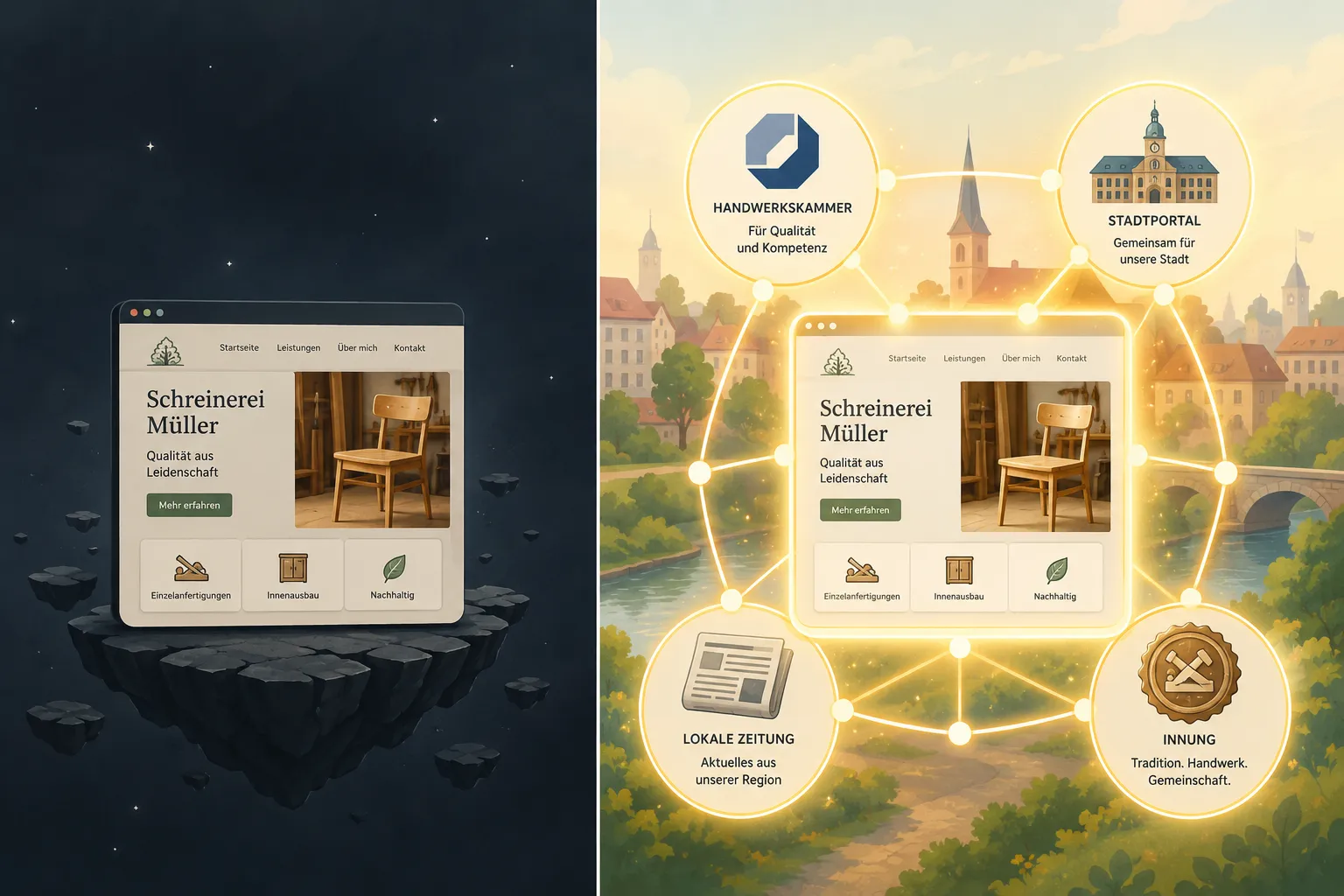 Flat-vector infographic illustration landscape (): split-screen showing two contrasting scenarios — left side a lonely