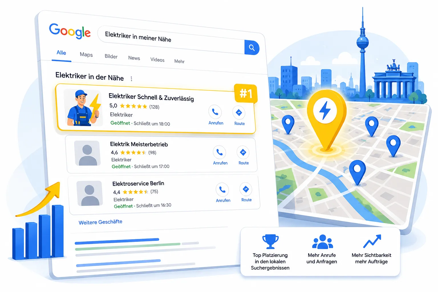 Flat-vector infographic style illustration: a stylized Google search results page with local pack pins over a German city