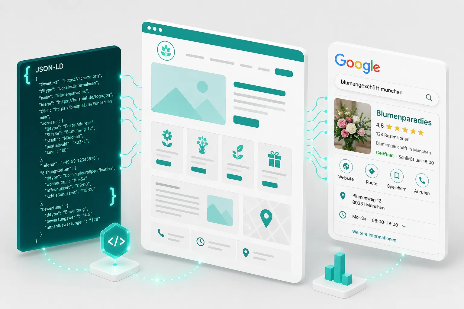 Flat-vector isometric illustration (): a stylized webpage wireframe floating in 3D space with glowing JSON-LD code brackets