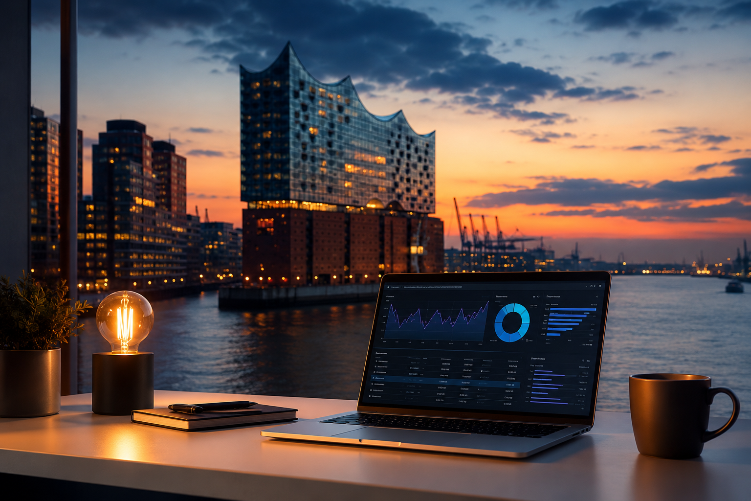 Professional () hero image showing a modern Hamburg cityscape at dusk with the iconic Elbphilharmonie and harbor in the