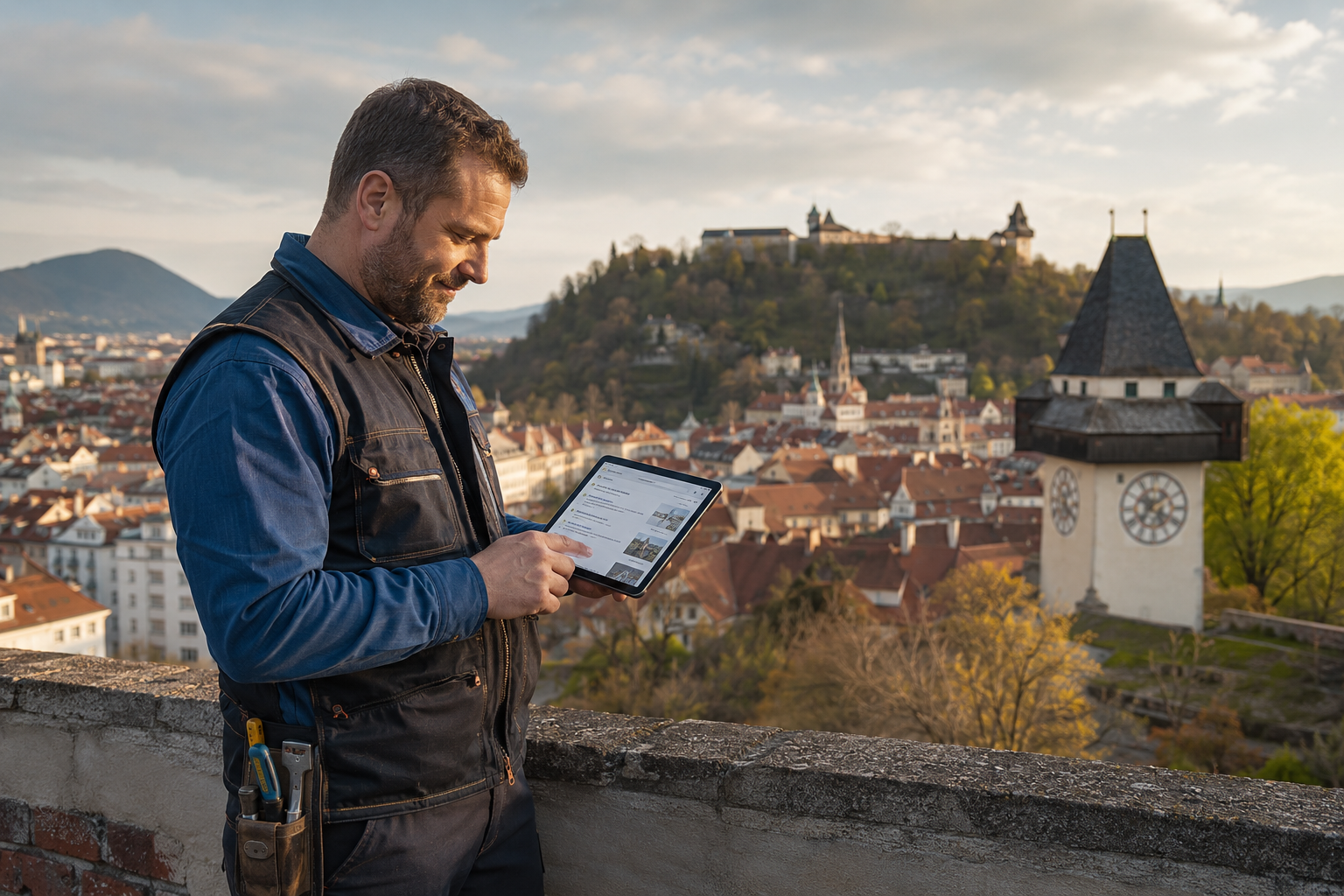 Professional () hero image showing a skilled Austrian craftsman in work clothes standing in front of a Graz cityscape with