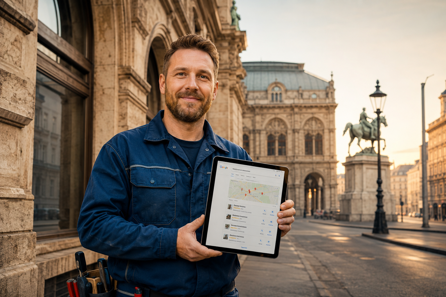 Professional () hero image showing a skilled Austrian craftsman in work clothes standing in front of a Vienna Ringstrasse