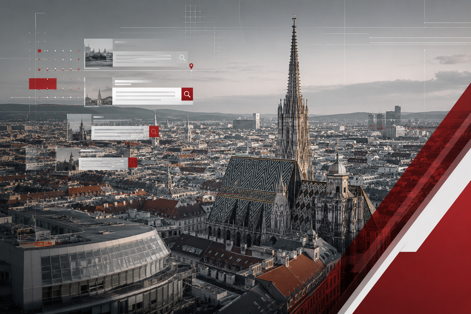 Professional () hero image showing a stylized aerial view of Vienna Austria cityscape with the Stephansdom cathedral
