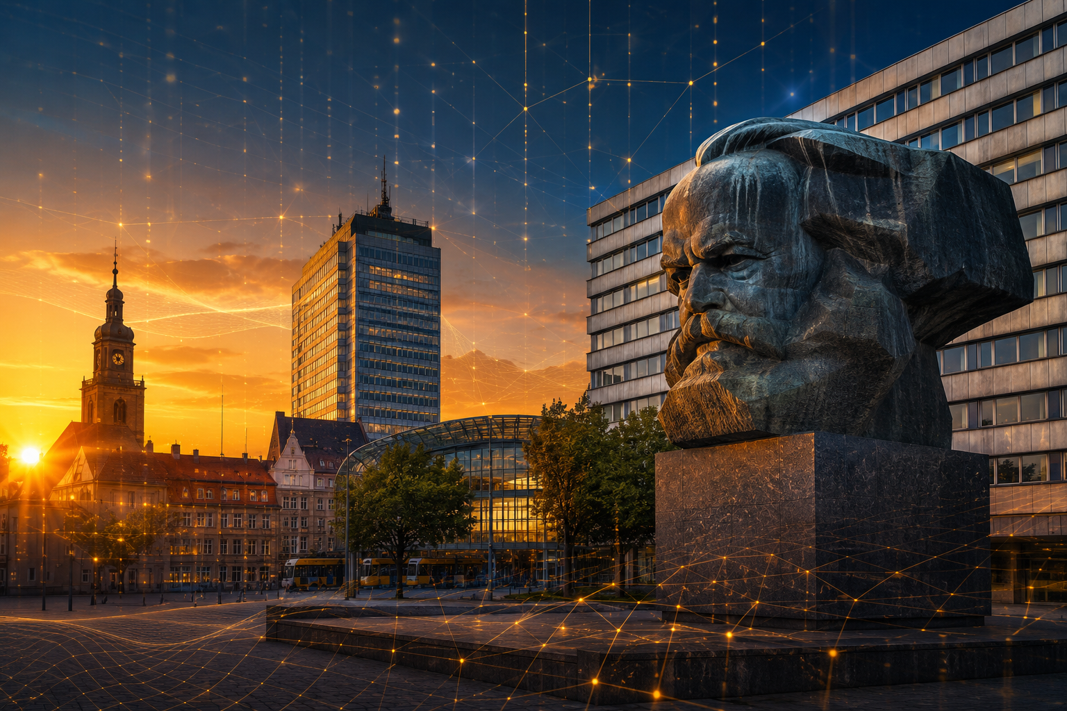 Professional () hero image showing the Chemnitz city skyline with the iconic Karl-Marx-Monument in the foreground, overlaid
