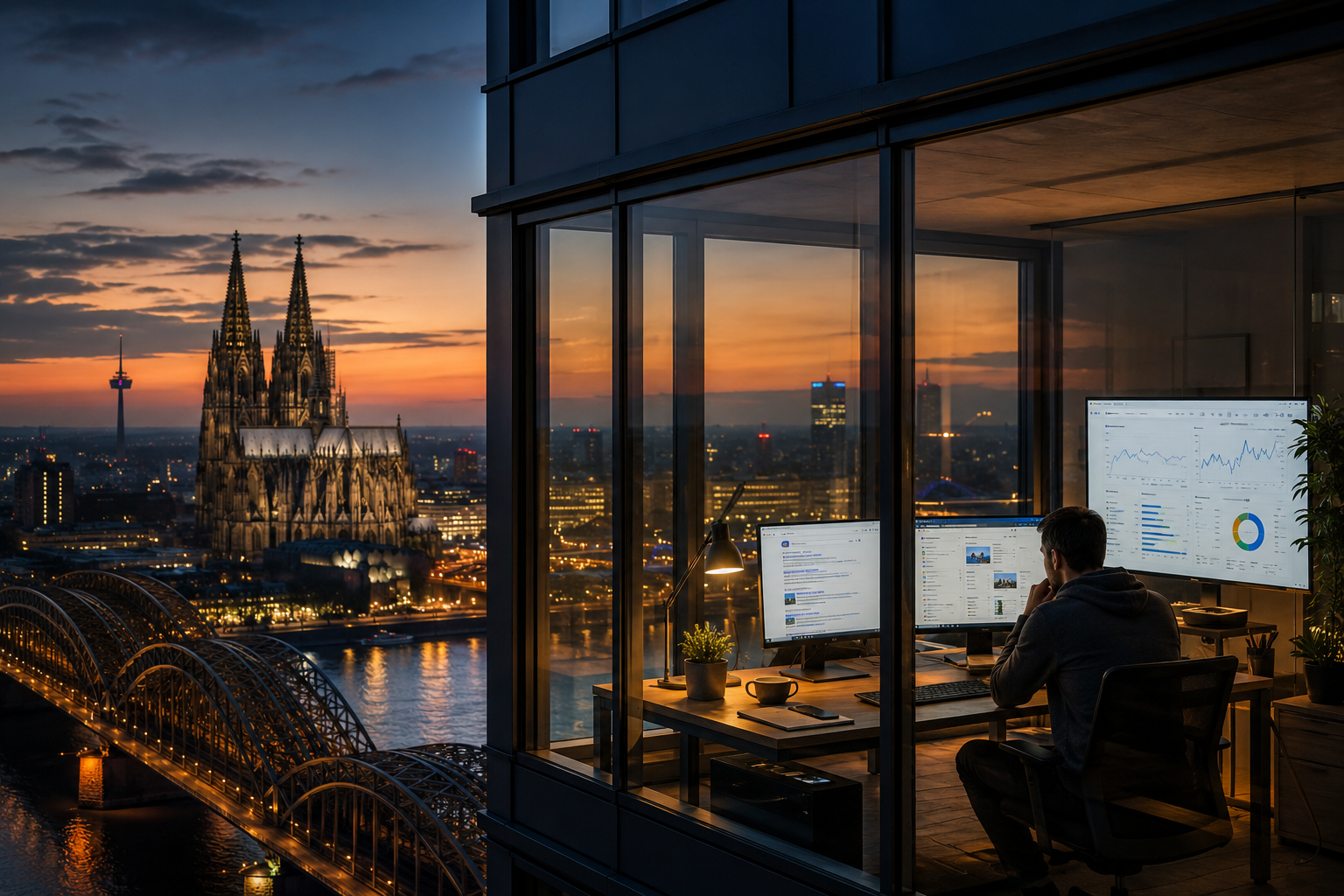 Professional () hero image showing the Cologne Cathedral (Kölner Dom) in the background at dusk with a modern glass office