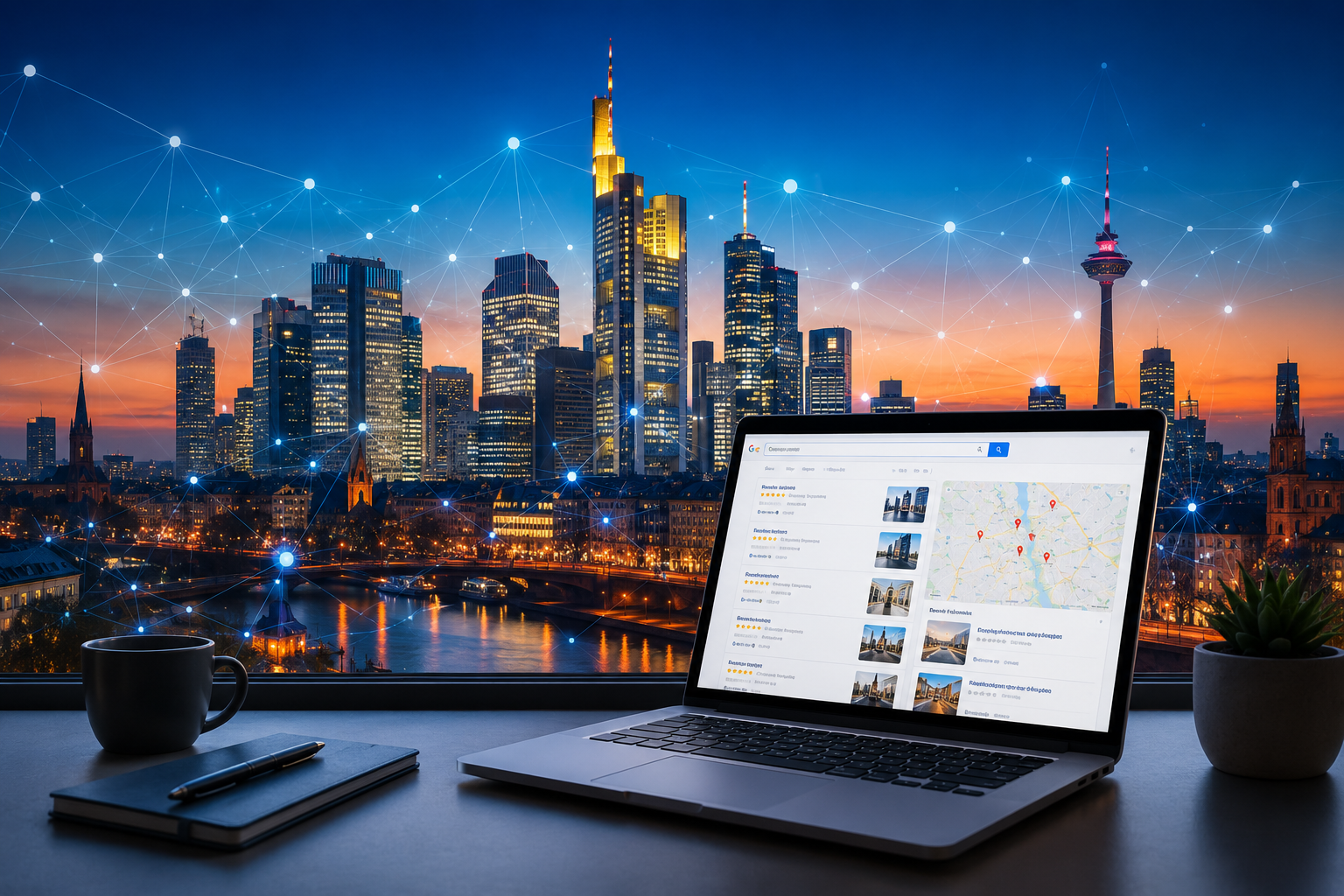Professional () hero image showing the Frankfurt am Main skyline at dusk with the iconic Commerzbank Tower and Messeturm