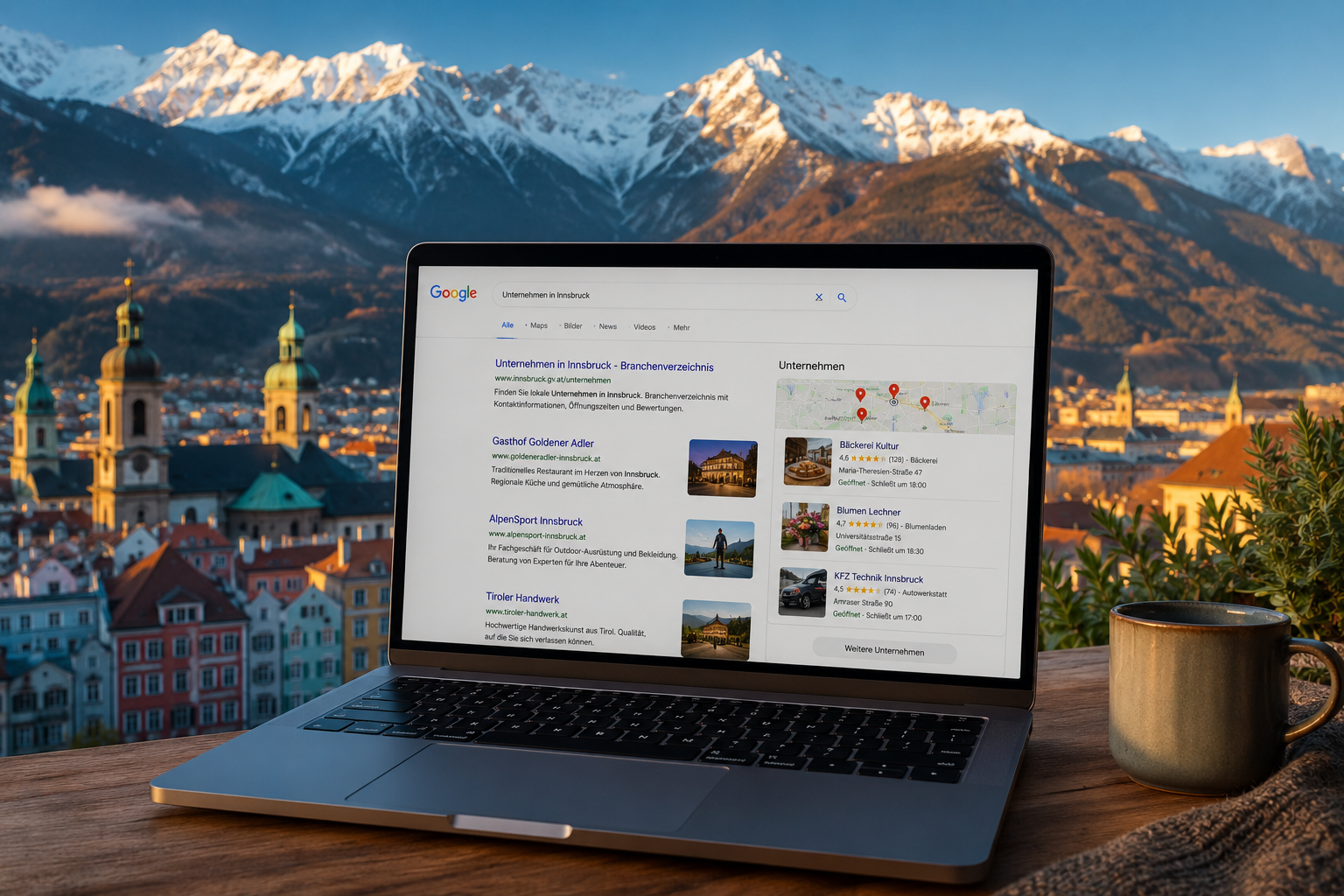 Professional () hero image showing the historic Innsbruck skyline with the Nordkette mountain range in the background,