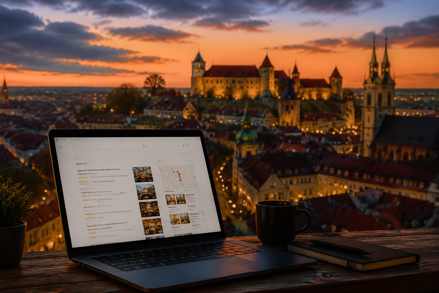 Professional () hero image showing the Nuremberg cityscape at dusk with the iconic Kaiserburg castle silhouette in the