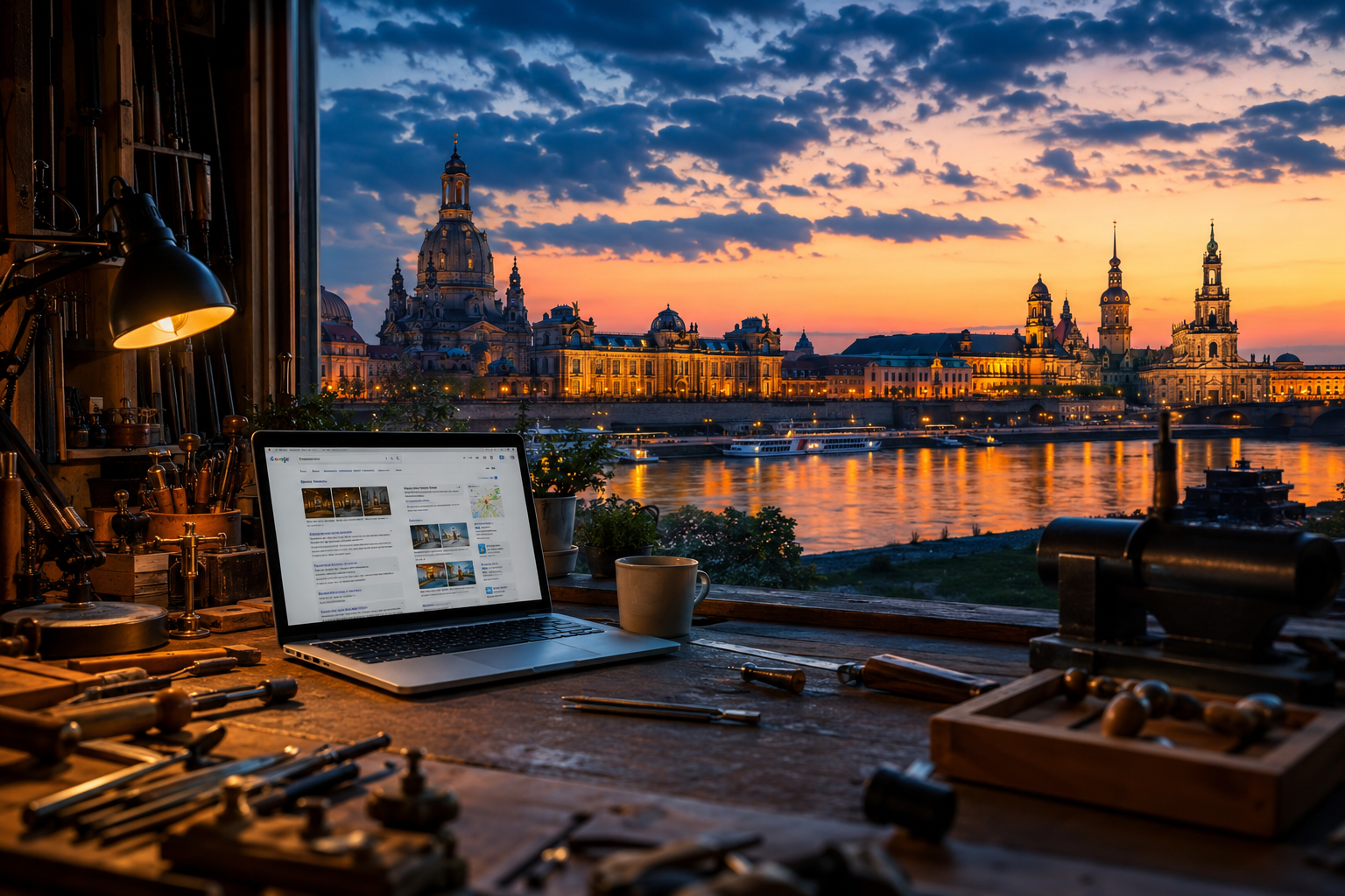 Professional () hero image showing the skyline of Dresden, Saxony, Germany at dusk with warm golden light reflecting on the