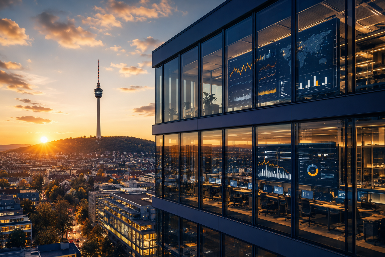Professional () hero image showing the Stuttgart skyline with the iconic TV tower in the background, a modern glass office