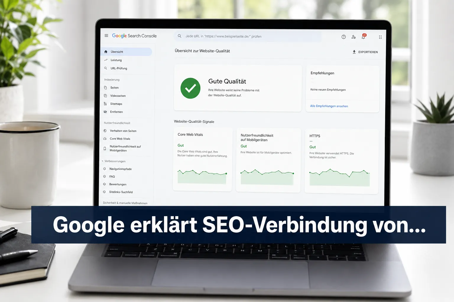 Professional () hero image with German (≤42 chars): 'Google erklärt SEO-Verbindung von…' in crisp white on a deep navy