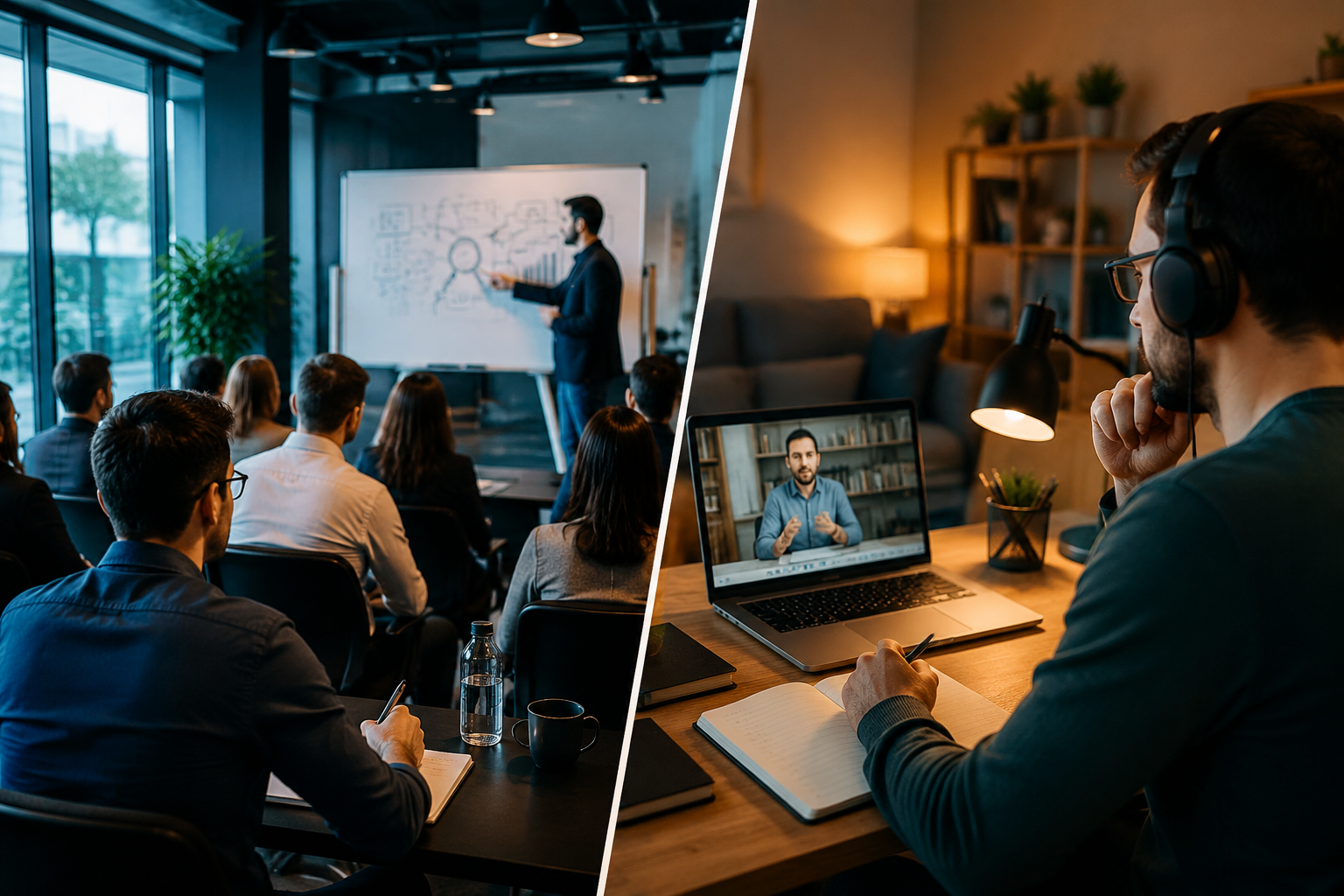 () showing a split visual comparison: left side a person attending an in-person SEO seminar in a modern conference room with