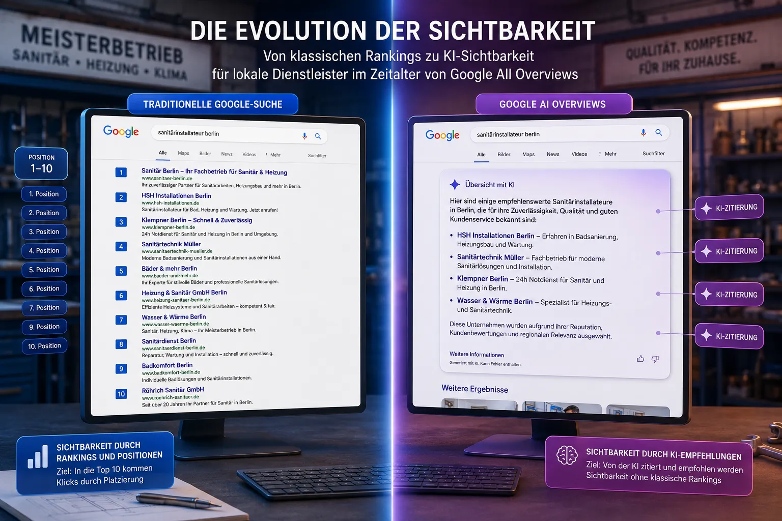 Split-screen editorial comparison showing the evolution of search visibility: left half displays a traditional Google search