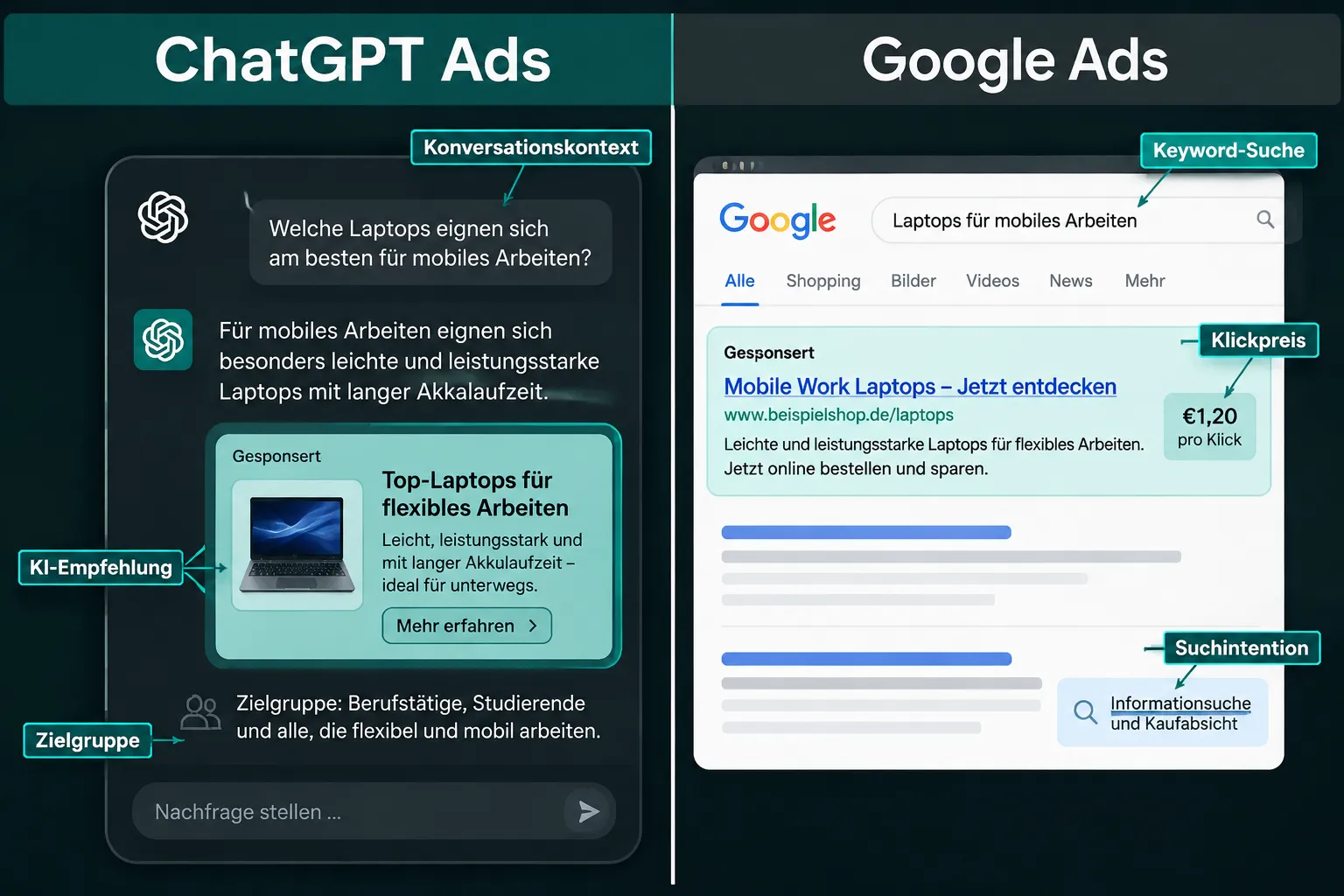 ChatGPT Ads vs. Google Ads: Was ist besser für kleine deutsche Unternehmen?