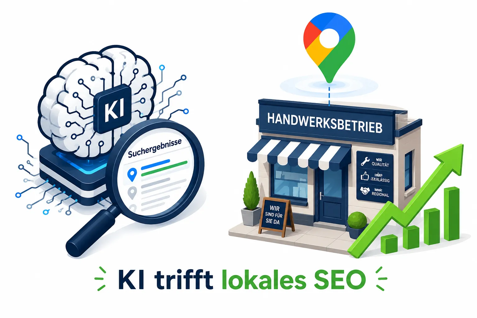 Editorial () split-screen illustration: left half shows a clean isometric icon of a robot brain connected to a magnifying