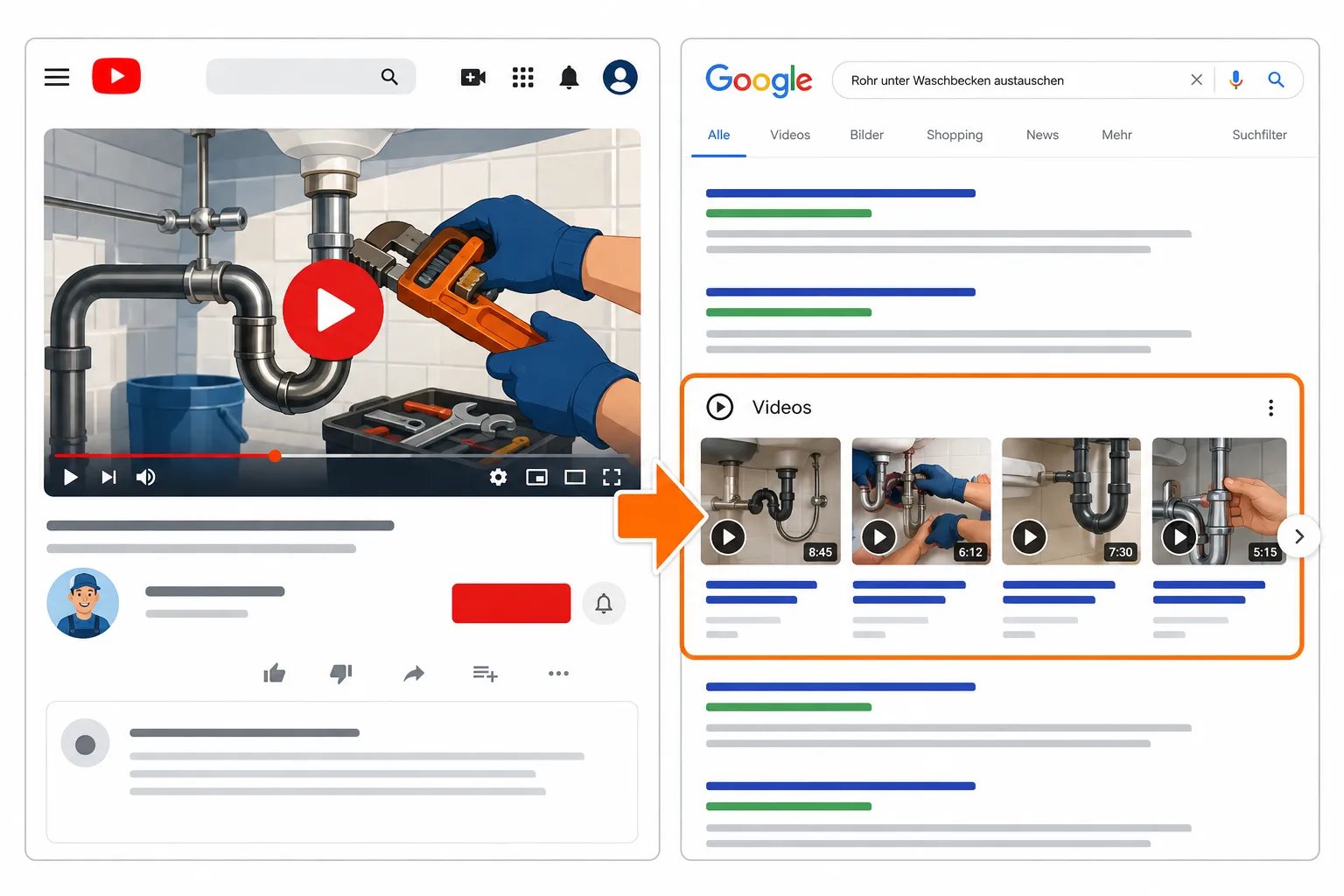Flat-vector infographic illustration (): split-screen composition showing left side a YouTube video thumbnail of a plumbing