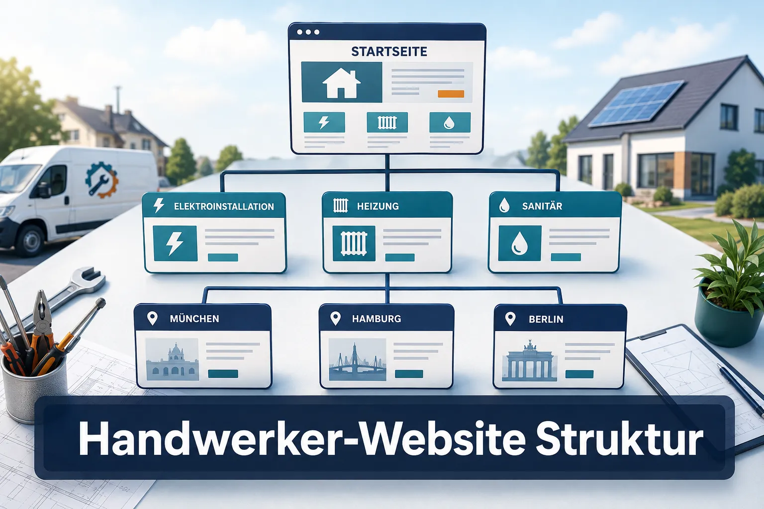Professional () editorial hero image with German 'Handwerker-Website Struktur' in white on a dark navy semi-transparent