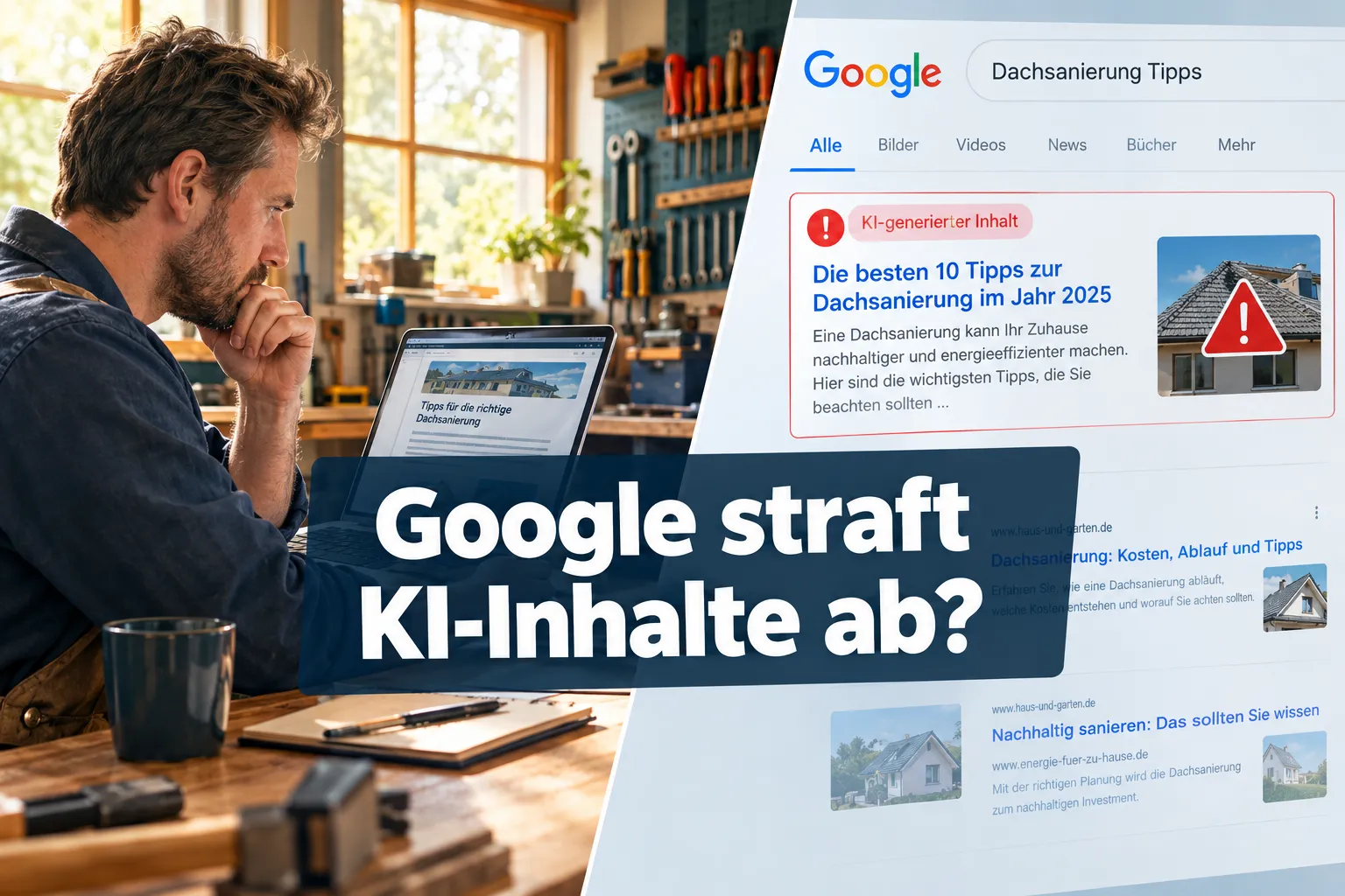 Professional () editorial hero image with short 'Google straft KI-Inhalte ab?' in crisp white , centered on a
