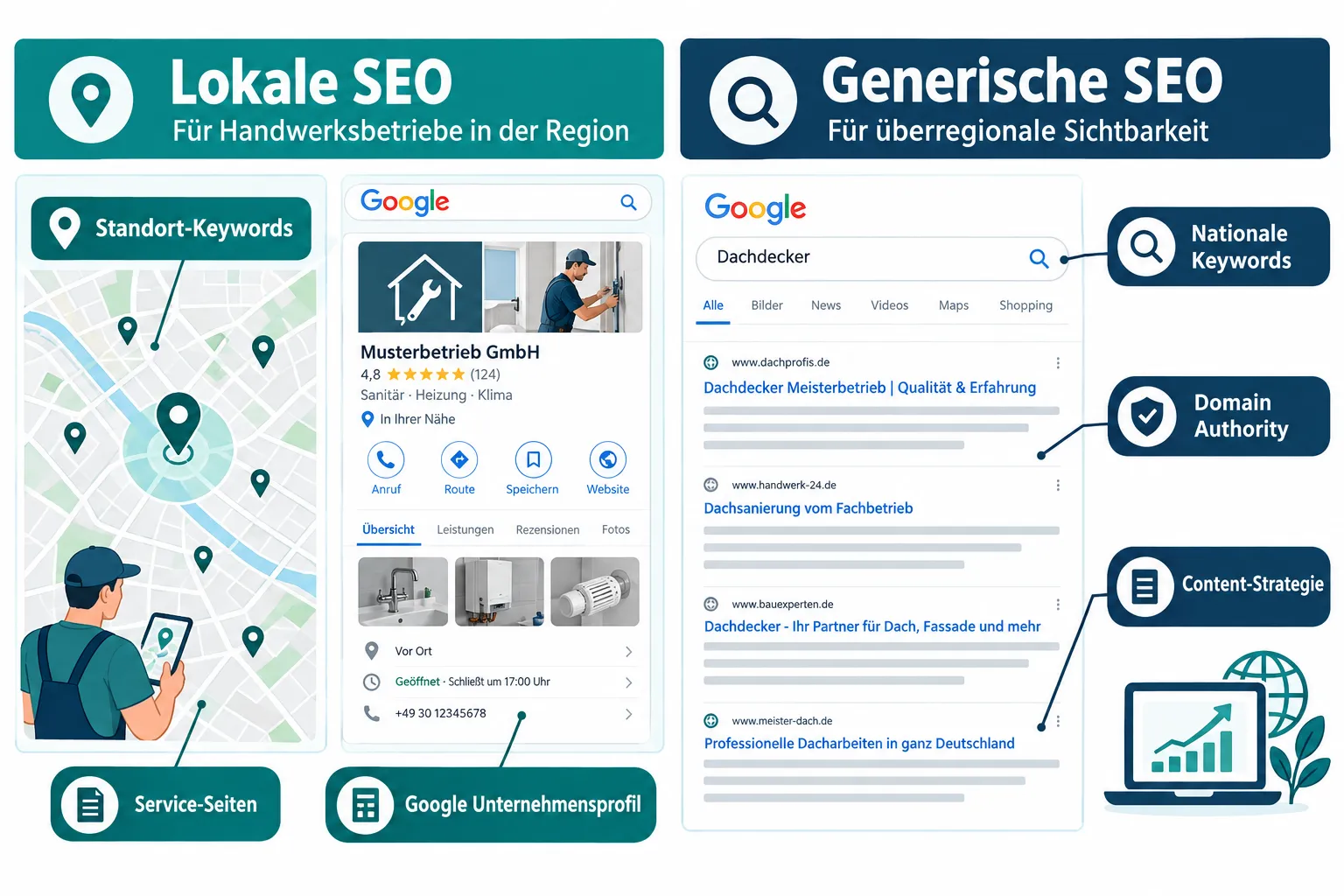 Unterschied zwischen lokaler SEO und normaler SEO für Handwerker